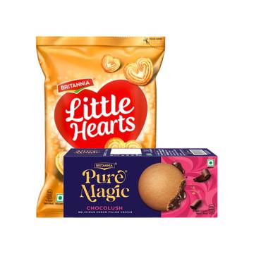 Britannia Little Hearts Classic Crunch Biscuit + Britannia Pure Magic Chocolush Center Filled Cookies (75 g) Combo